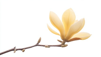 A delicate yellow flower blooms gracefully on a slender branch against a soft white backdrop, ideal for nature-themed projects, wellness content, or serene designs,