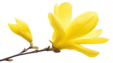 A close-up of vibrant yellow magnolia flowers on a slender branch, showcasing their delicate petals against a soft white background, Ideal for nature-themed projects, greeting cards