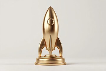 Golden, metallic rocket ship on a circular base, set against a white background
