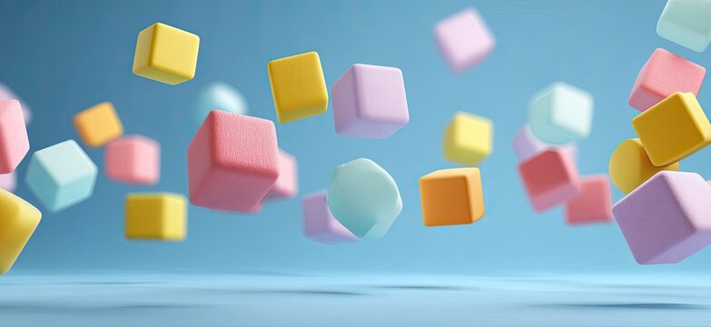 Colorful pastel-colored cubes of various shapes floating against a light-blue background - Powered by Adobe