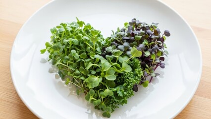 Heart-shaped arrangement of green and purple microgreens on a white plate. Symbolic food styling for healthy eating, nutrition, vegan lifestyle, and organic branding. Top view on wooden background.