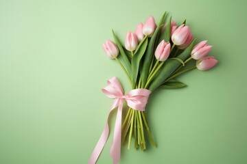 Fototapeta premium Beautiful bouquet of pink tulips tied with a delicate silk ribbon on a vibrant green background, perfect for celebrating spring or special occasions