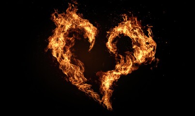 Fototapeta premium Heart-shaped flames emanate against a black backdrop, representing a passionate, burning emotion