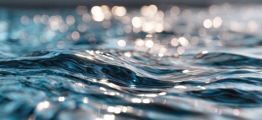 Close-up view of ocean water with small waves, and out of focus lights in the distance