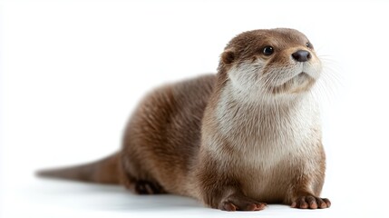 Playful river otter poses beautifully against a white background