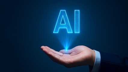 Glowing AI letters hologram above human hand on dark blue background