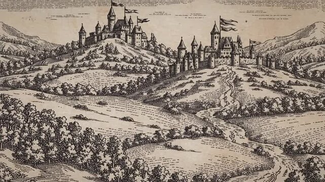 Seamless old European landscape pattern featuring castle architecture, rolling hill terrain, forest scenery and open plain rendered in traditional vintage vector illustration style