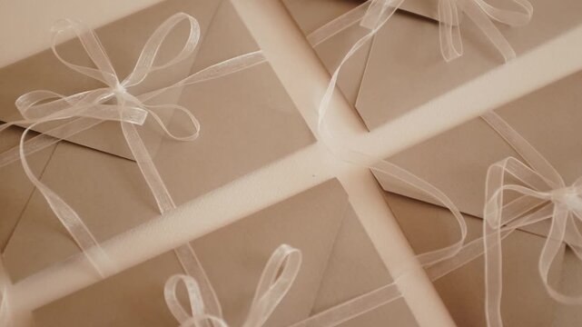 Sage green cardboard envelope with white transparent lace ribbon and a bow. Holiday, birthday, Christmas or wedding elegant greeting card, invitation, gift card or present.