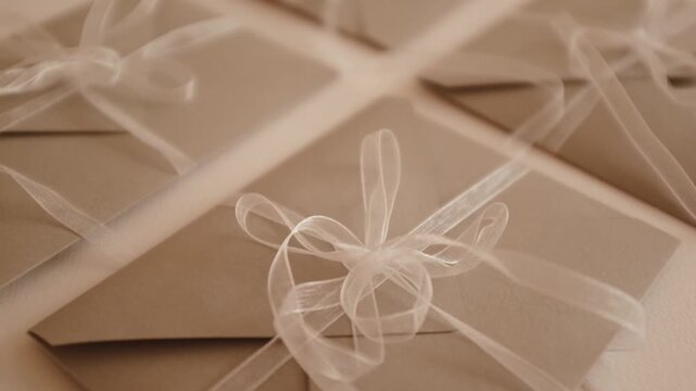 Sage green cardboard envelope with white transparent lace ribbon and a bow. Holiday, birthday, Christmas or wedding elegant greeting card, invitation, gift card or present.