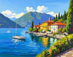 hand drawn gouache painting of lake como scenery. landscape painting with water, 
