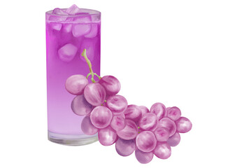 Refreshing glass of purple grape juice with ice cubes and fresh grapes