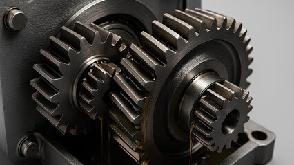industrial gearbox with lubricated gears in motion close up for mechanical power transmission engineering and heavy machinery applications