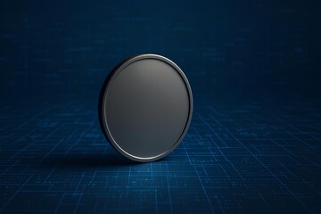 A metal coin against a digital grid background, symbolizing blockchain technology