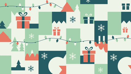 Naklejka premium Geometric Christmas holiday seamless pattern with gifts and trees.