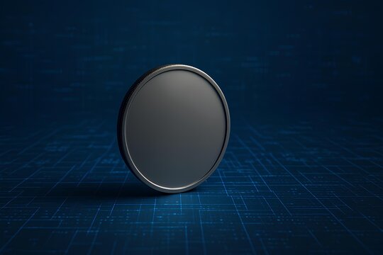 A metal coin against a digital grid background, symbolizing blockchain technology - Powered by Adobe