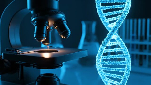 Microscope and DNA Strand: Scientific Research Concept