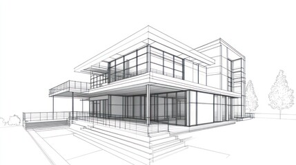 Modern house architectural sketch, exterior design,  digital illustration, for blueprints or presentations