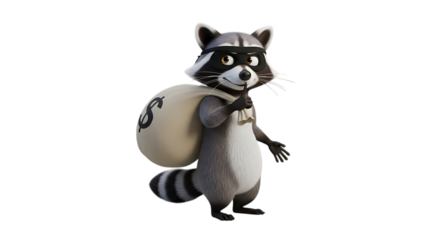 Cunning raccoon in superhero cape with money bag on back