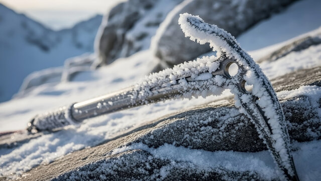 Frozen climbing axe on snowy rocks with frost, ice-coated pick and shaft resting on icy surface. Climbing axe features detailed frost and sharp design.