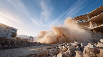 Concrete fragments piled after a controlled demolition, dust lifting in the air as workers inspect the stability of the remaining structure — industrial cleanup, urban transformation, and