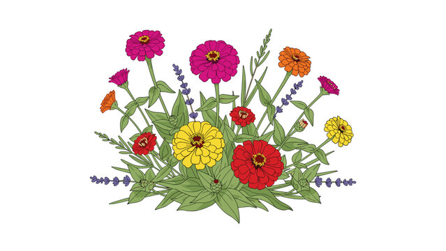 A cheerful bouquet of vibrant zinnia flowers in various colors, intertwined with delicate lavender and lush green foliage, blooms beautifully.