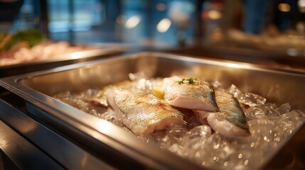 A close-up of a perfectly frosted box of frozen seafood resting on stainless steel counter, glistening ice glaze hinting at freshness preservation &mdash; frozen fish quality control, seafood supply