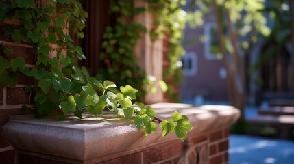 Ivy cascading down an old brick library wall, leaves catching soft morning light as dust motes drift around weathered stone carvings — academic nostalgia, natural architecture, and historic campus