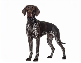 Photo of a Kurzhaar (German Shorthaired Pointer) dog isolated on a white background. Elegant hunting breed, ideal for pet, dog, and studio photography projects