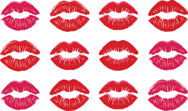 Red Lipstick Kiss Marks in Rows on White Background