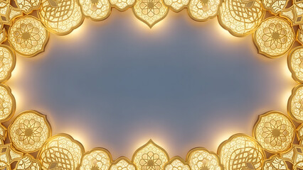 Ornate Golden Festive Mandala Border With Warm Lights On A Soft Blue Background