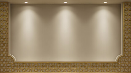 Blank Illuminated Wall With Ornate Golden Geometric Borders And Spotlight Lighting