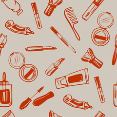 Seamless hand drawn makeup and beauty products  pattern with lipstick, mascara, cream, cushion, and brushes. Vector illustration. 