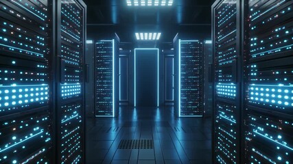 Immersive journey through a vast, futuristic data center with rows of glowing server racks, symbolizing advanced computing, global connectivity, and sdigital information storage for technology