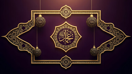 Islamic Geometric Ornament with Arabic Calligraphy on Dark Purple Background with Golden Accents