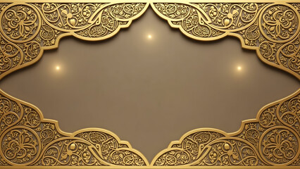 Ornate Golden Islamic Geometric Archway Frame With Subtle Spotlights On A Taupe Background