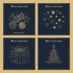 Elegant set of four festive gold line art Christmas cards on dark blue perfect for holiday greetings © sehrish