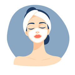 Woman with white facial mask and towel head wrap relaxing with closed eyes in minimalist flat style skincare beauty illustration on blue background