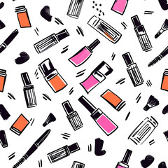 Obraz premium Seamless pattern of hand drawn makeup products including nail polish bottles in pink and orange shades, cosmetic brushes, mascara wands, and lipstick silhouettes on white background for beauty design