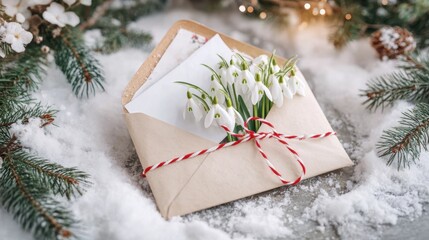 Rustic winter scene with snowdrops in envelope amid snowy pine branches and flowers