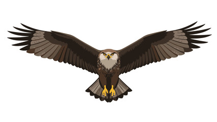 Obraz premium A majestic brown bird of prey, possibly a hawk or eagle, soars powerfully forward with its wings spread wide, dominating the sky.