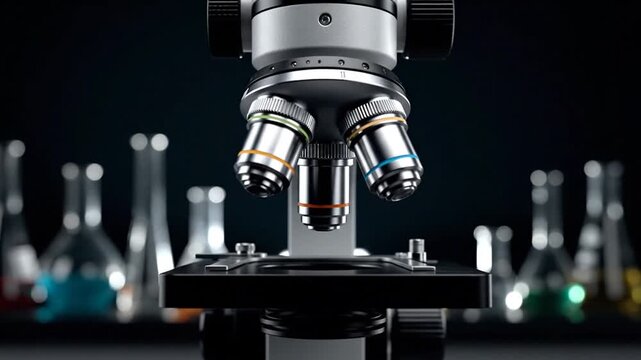 Professional Laboratory Microscope with Blurred Scientific Glassware in a Dark Research Environment