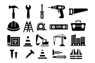 Fototapeta premium Construction Tools and Equipment Icon Set: Vector Symbols for Industrial, Architectural, and Engineering Design Projects