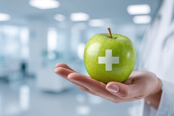 healthcare hospital sustainability. Healthy green apple with a medical cross held in a hand, symbolizing health and wellness.