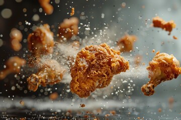 Delicious crispy fried chicken wings with seasoning flying against dark background