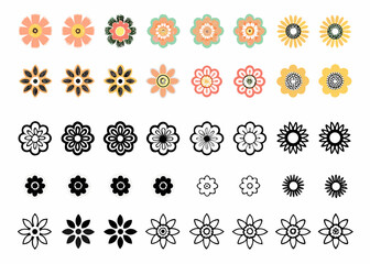 A colorful arrangement of various flower designs in rows and differing styles