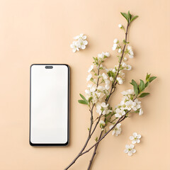 Black Smartphone with the white Screen and White Spring Blossom Branches Isolated on the beige Background.