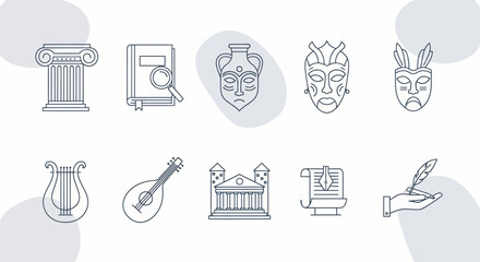 Fototapeta premium Ancient Greek and Roman History and Culture Line Art Icons Set.
