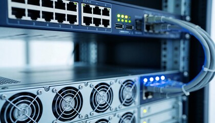Close-up of glowing server rack details, shallow depth of field, blue corporate tones, high-tech but clean aesthetic.