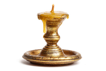 Golden candleholder with melting wax on white background