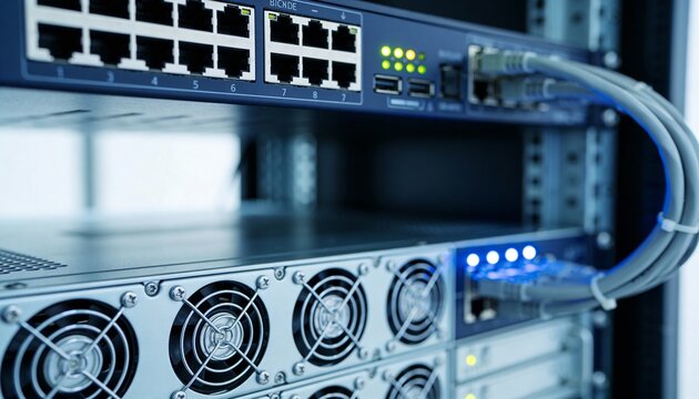 Close-up of glowing server rack details, shallow depth of field, blue corporate tones, high-tech but clean aesthetic. - Powered by Adobe